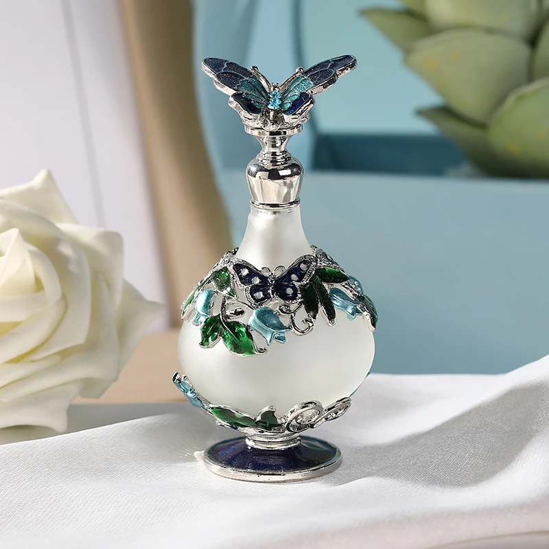 25ml Vintage Blue Butterfly Empty Perfume Bottle Crystal Antique Glass & Metal Refillable Bottles Home Wedding Decor Ladys Gift