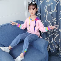 fashion rainbow spring autumn girls clothing suits%c2%a0sweatshirts jean pant pullover kids cotton outwear high quality two piece