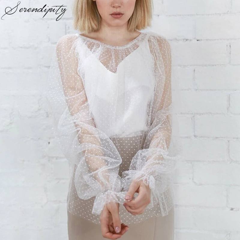 Белая кружевная Прозрачная женская блузка в горошек осенняя Уличная Сексуальная