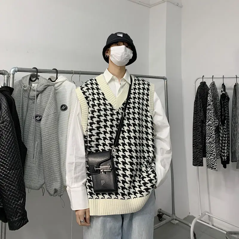 Spring Plaid Sweater Vest Men Korean Fashion Loose Casual Pullover Harajuku Streetwear Knitted Sleeveless | Мужская одежда
