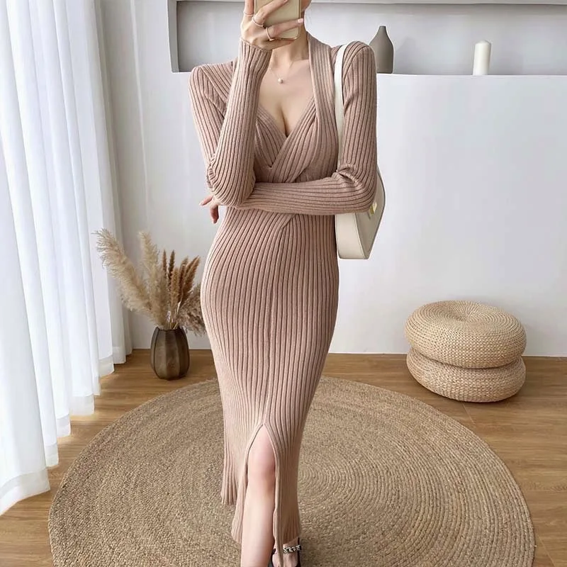 

DISEYAR Split Fork Winter Midi Dress Casual Elegant Deep V-Neck Skirt Long Sleeve Fashion Slim Dresses Solid Color