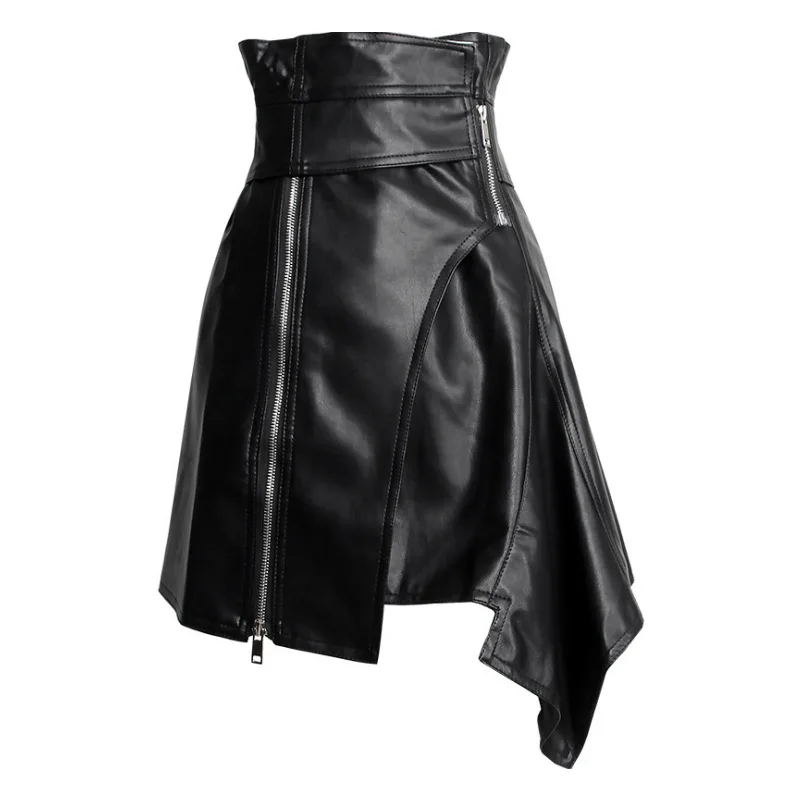 

SeeBeautiful PU Leather Half-body Skirt Female Black Irregular High Waist Zipper Spring 2022 New Fashion Tide W962