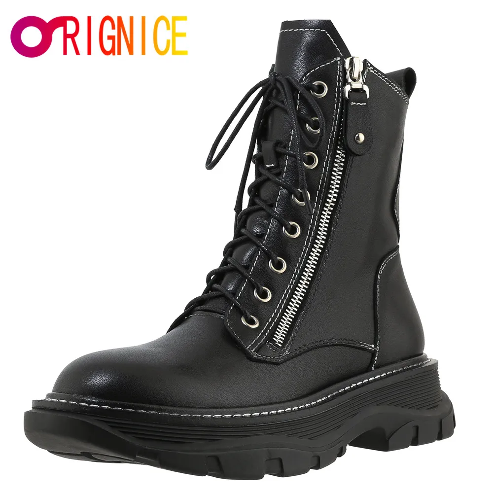 

Orignice 2021 Genuine Leather Autumn Winter Ladies Lace Up Buckle Zipper Ankle Boots Platform Thick Bottom Round Toe Women Shoes