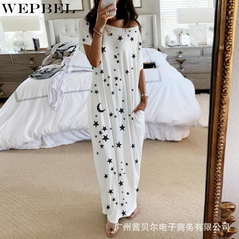 

WEPBEL Dress Women's Casual Loose Print Pocket Dress Summer Sexy Strapless O-Neck Short Sleeve Dress