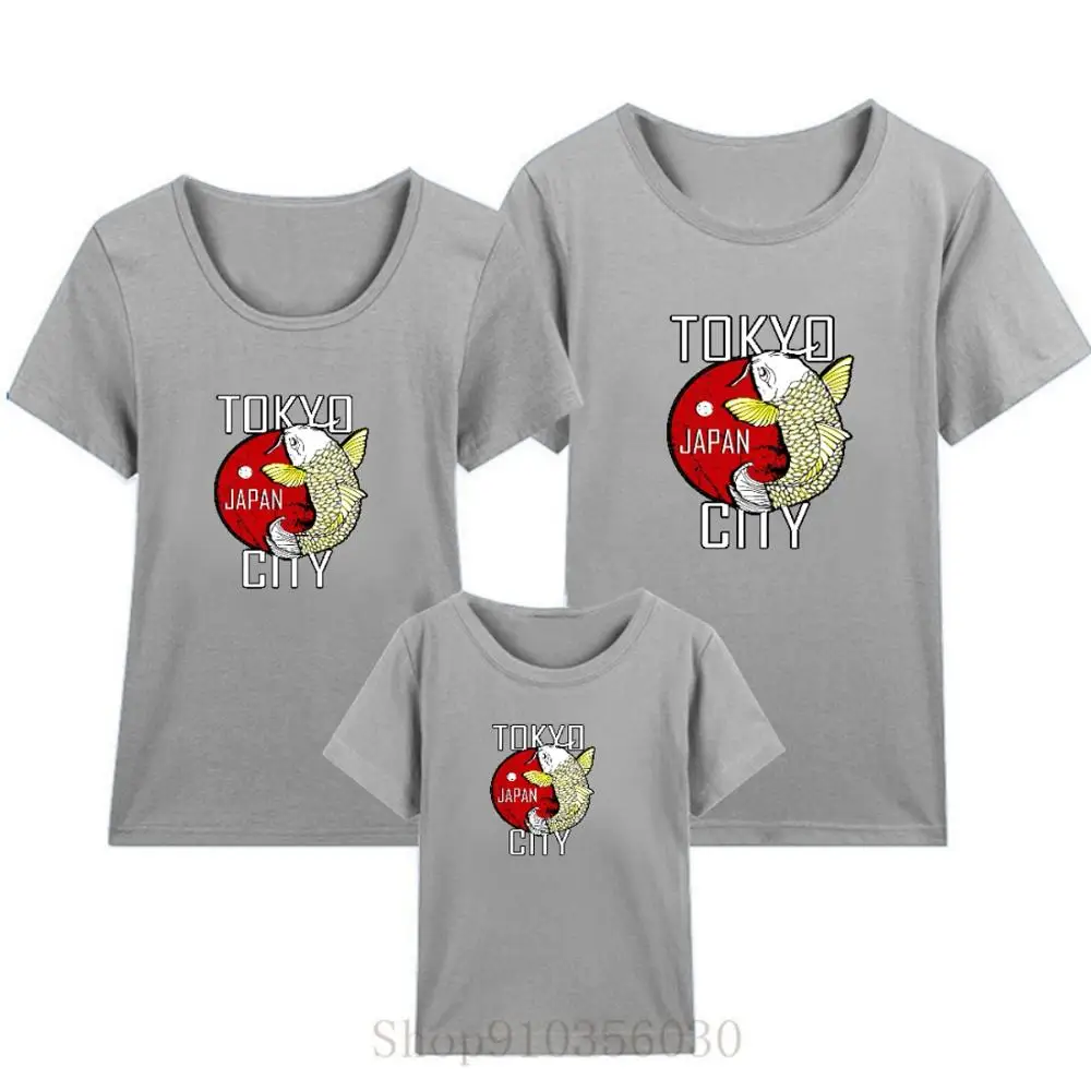 Japan Tokyo city Koi Fish illutration design white mother daughter boys summer clothes matching outfits dress | Мать и ребенок