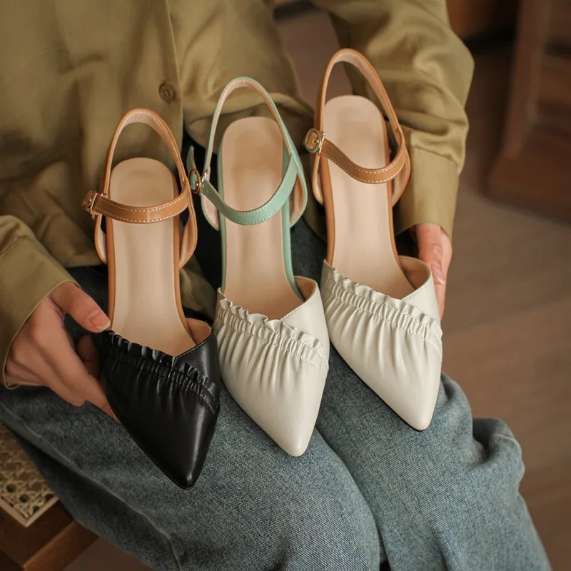 

Japanese Style Lolita Ruffle Women Sandals Plus Size 33 42 New 2021 Summer Pointed Toe 4cm Chunky Med Heels Party Female Shoes
