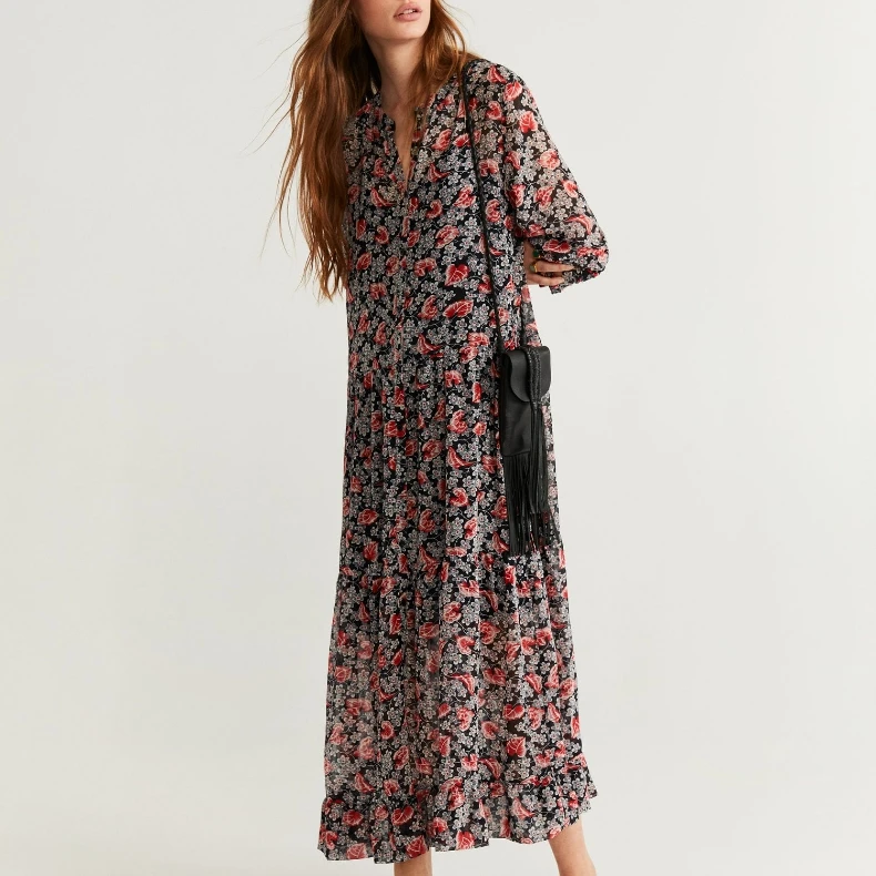 2019 осеннее Новое свободное женское платье с цветочным принтом богемное оборками