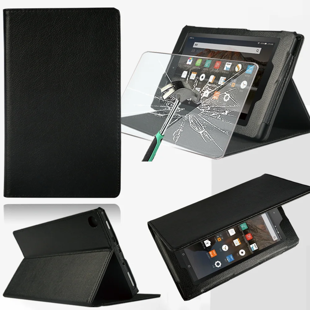 

For Amazon Fire 7/Fire HD 8/Fire HD 10 PU Leather Holder Fold Case Bracket Tablet Cover+Tempered Film for Fire HD 8 Plus