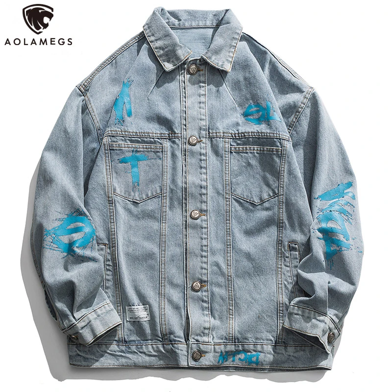 

Aolamegs Retro Men's Denim Jackets Letter Graffiti Harajuku Casual Parkas High Street Streetwear Varsity Basketball Jacket Male