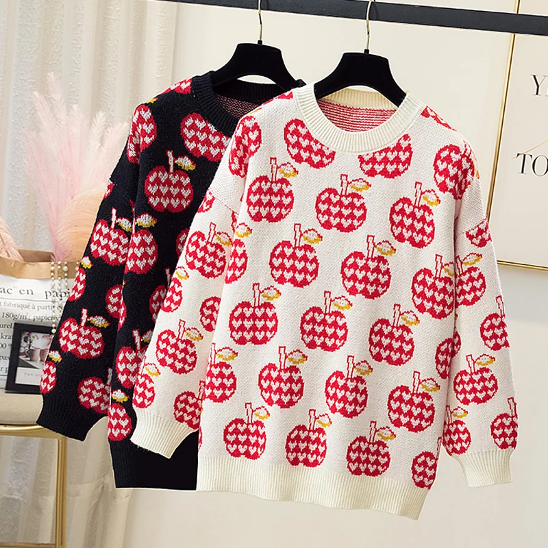 

Plus Size Fruit Print Knitted Fluffy Sweater Black Oversized Pullover Women Winter Loose Long Sweaters Streetwear Sueter Mujer