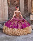 Винтажные мексиканские Платья с цветочным принтом для девочек 2021 элегантное платье с открытыми плечами и вышивкой из органзы с многослойными оборками для выпускного вечера