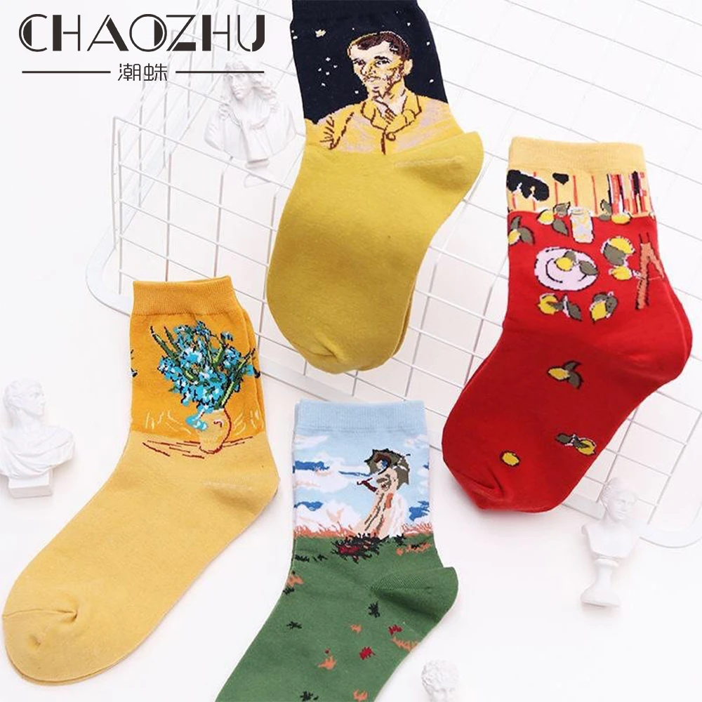 CHAOZHU Эстетическая мода для девочек винтажный Фетиш 90s 80s Мона картина маслом Подсолнух искусство забавные Женские носочки Украина calcetines