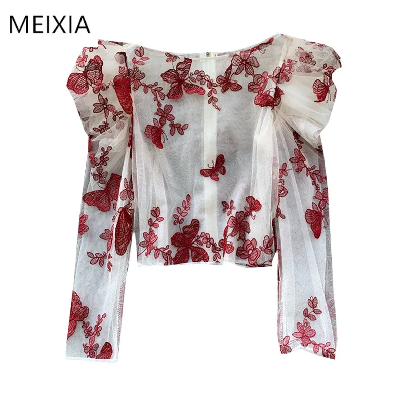 

Women's Long Sleeve Shirt French New Retro Three-dimensional Butterfly Bubble Sleeve Top Women Slim Tops Blusas Tide