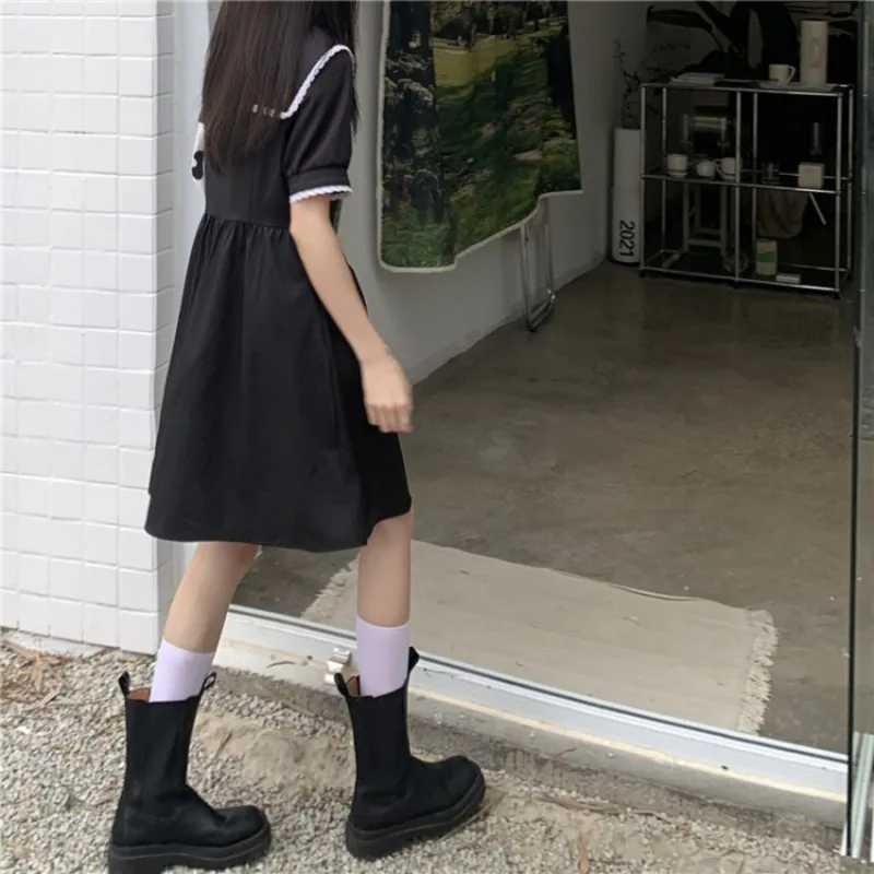 

Vintage Sailor Collar Bow Lace Women Dress 2021 Summer High Waist Short Sleeve A Line Dress Sweet Fashion Girls Black Mini Dress