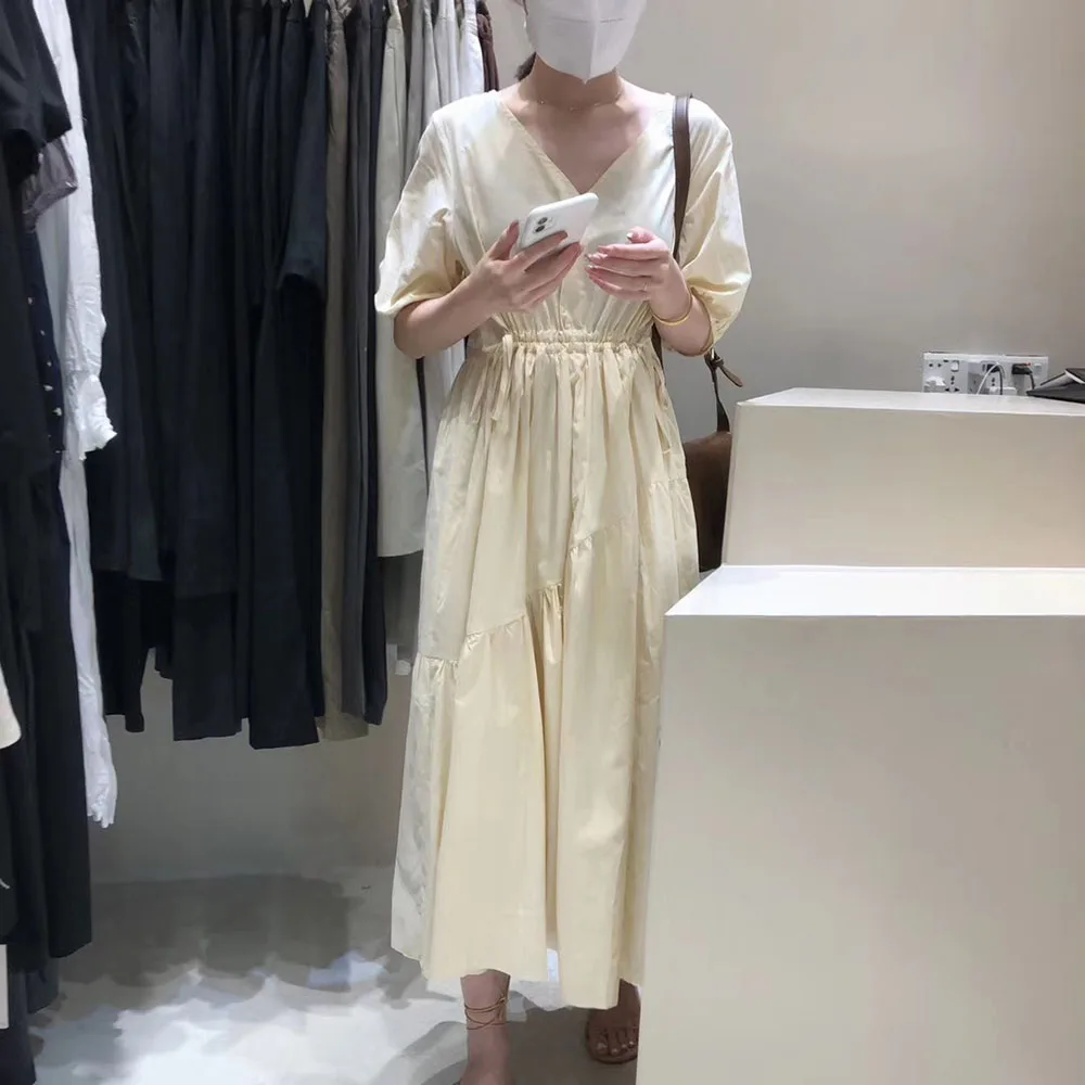 

2021 Fashion Japanese Style V-neck Waist Temperament Summer New Women's Dress Solid Color High Waist Summer