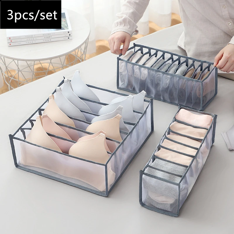 

3pcs Set Grid Underwear Storage Box Sock Bra Underpant Organize Drawer Tidy Divider Lattice Mesh Fabric Boxes