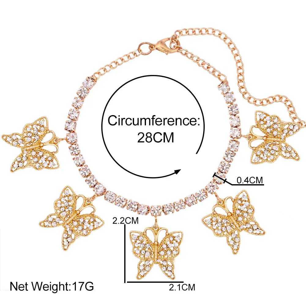 

Trendy Shine Crystal Hollow Out Butterfly Pendant Anklets Gold Silver Color Rhinestone Tennis Chain Anklet Beach Party Jewelry