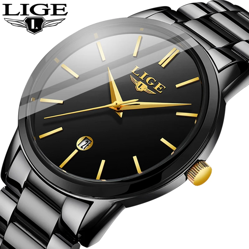 LIGE золотые мужские часы Топ бренд Роскошные модные бизнес из нержавеющей стали