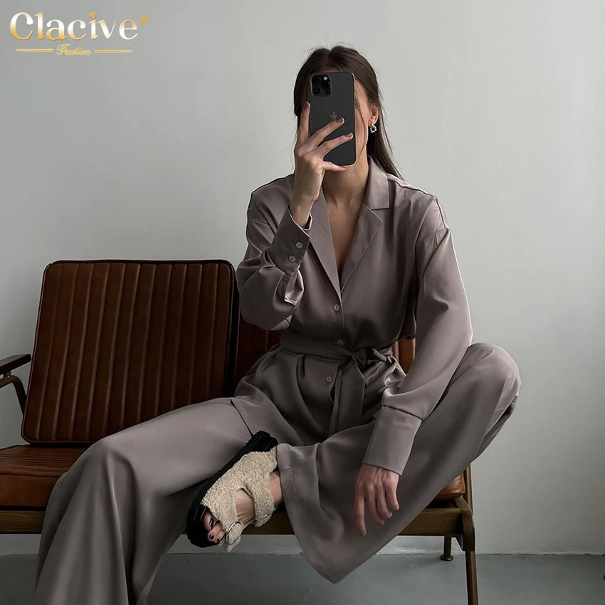 

Clacive Elegant Loose Green Satin Trouser Suits Female Casual Lace-up Shirts Two Piece Set Women Fashion High Waist Pants Sets