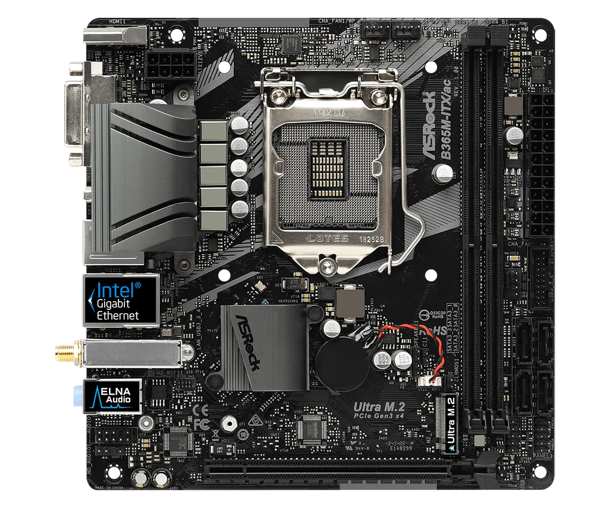 Процессор ASRock B365M-ITX/ac (разъем 1151) поддерживает DDR4 4 SATA3 1 Ultra M.2 (PCIe Gen3 x4 и SATA3) |
