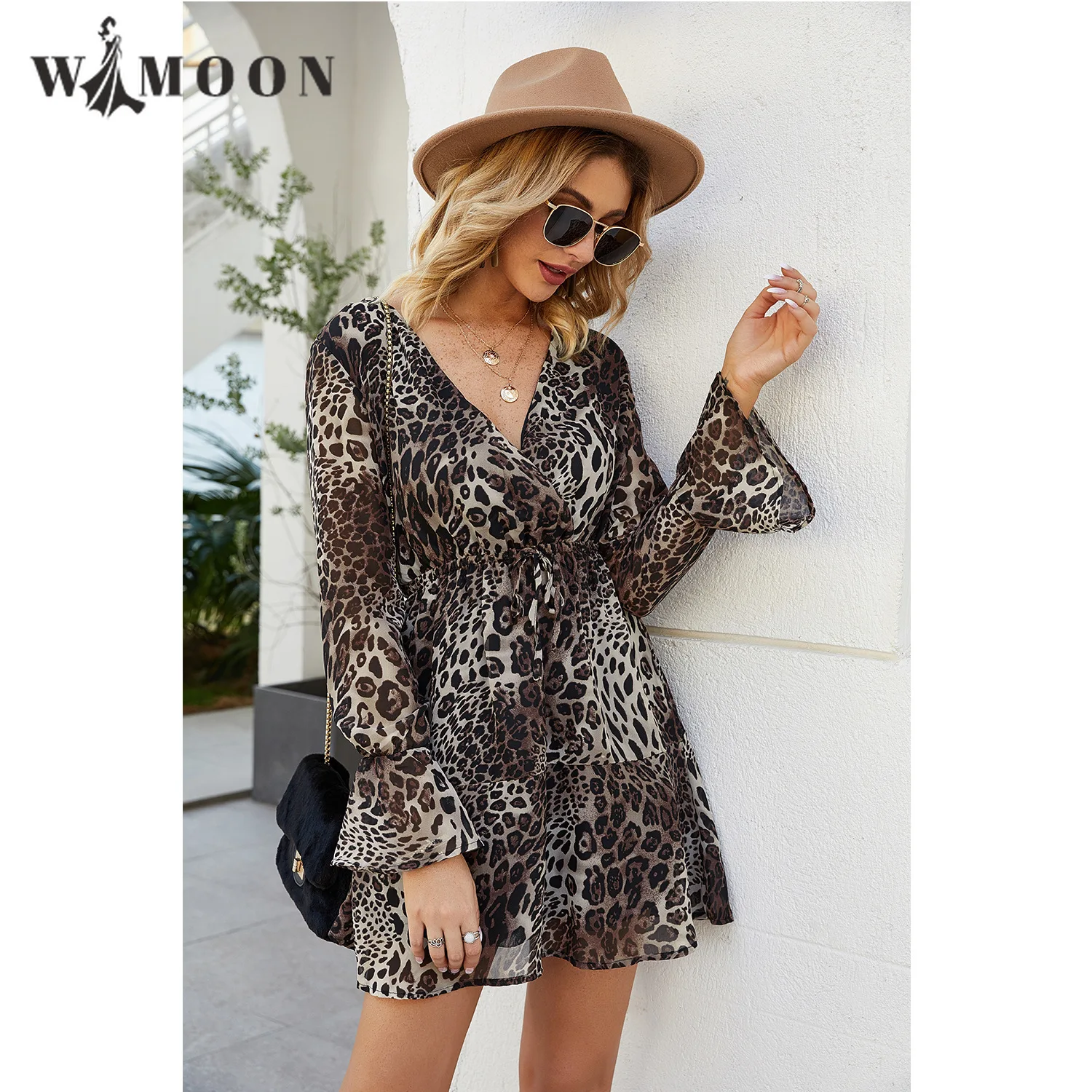 

V-neck Long Sleeve Leopard Dress New Fashion 2021 Autumn Mini A-LINE Flare Sleeve Dresses Women Vintage Casual Lacing Vestidos