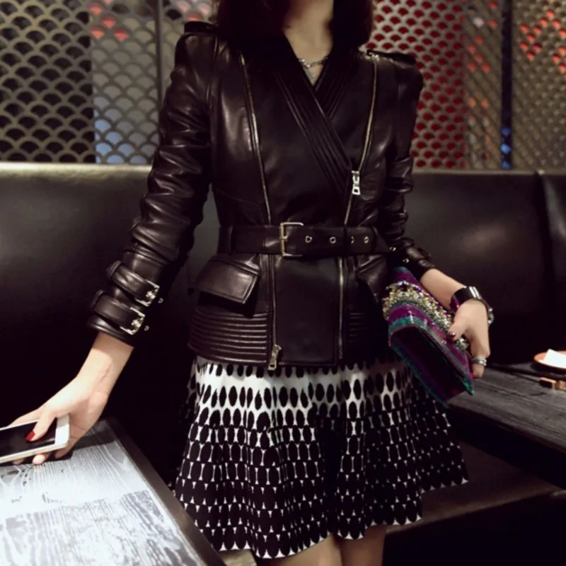 

Spring Women Sheepskin Genuine Buckle Belted Slim Fit Punk Ladies V Neck Leather Coat Plus Size Moto Biker Jacket