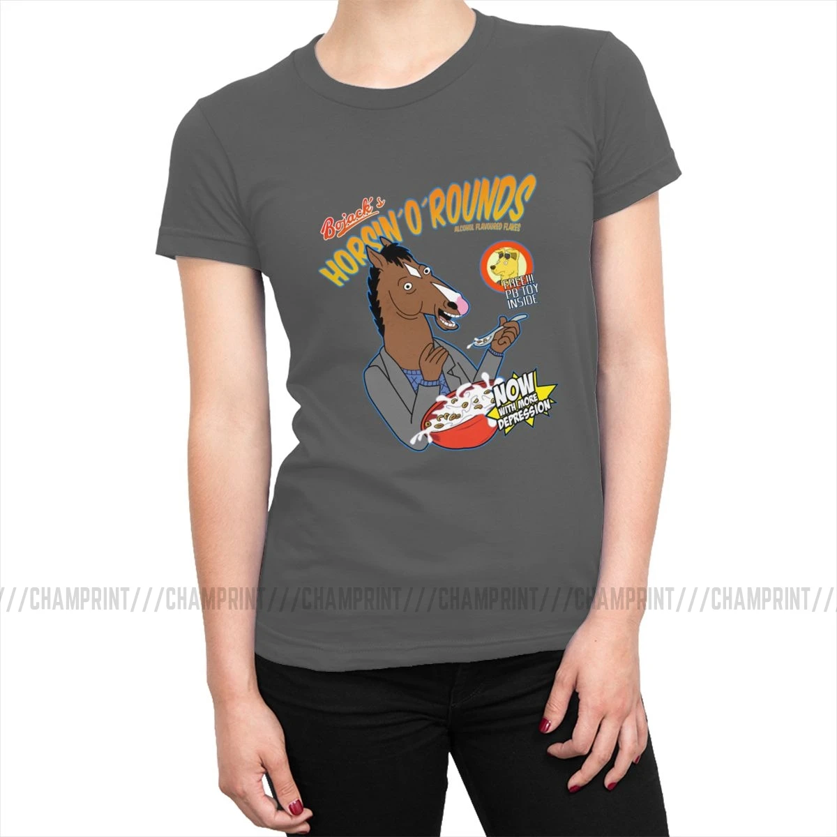 Женские футболки Bojack's cereal, Забавные футболки Bojack Horseman с рисунками из мультфильмов, модные хлопковые футболки, топ, базовая Женская одежда с графическим принтом - Цвет: Темно-серый