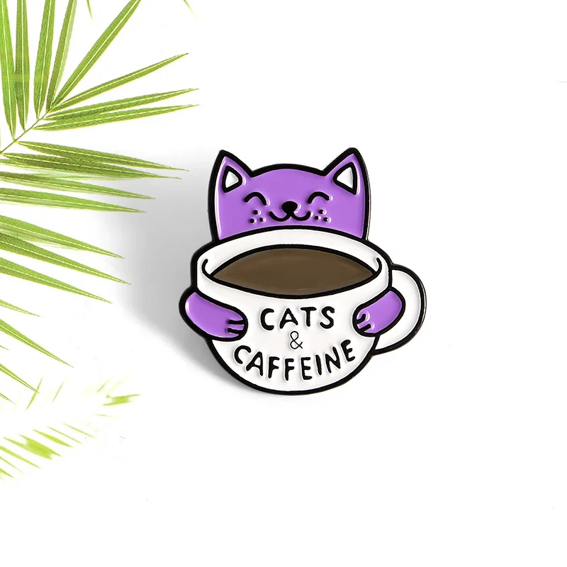 2020 cute cat &amp coffee cup enamel pin custom animal brooch and caffeine badge bag lapel buckle jewelry gift to friend | Украшения и