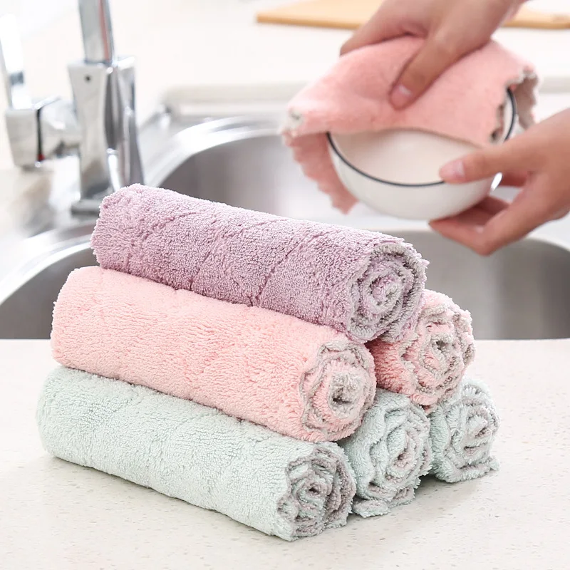 

2pcs Kitchen Towel Cleaning Cloth Nonstick Oil Coral Velvet Hanging Hand Towels Washing Windows Floor Car Cleaning