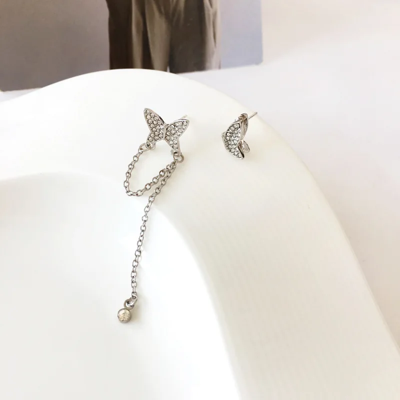 

S925 Silver Needle Personality New Trendy Asymmetric Butterfly Stud Earrings Temperament Aesthetic Net Red Long Diamond Jewelry