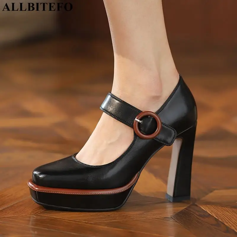 

ALLBITEFO Waterproof Genuine Leather High Heel Shoes Autumn Party Leisure Fashion High-End Women Heels Shoes High Heels