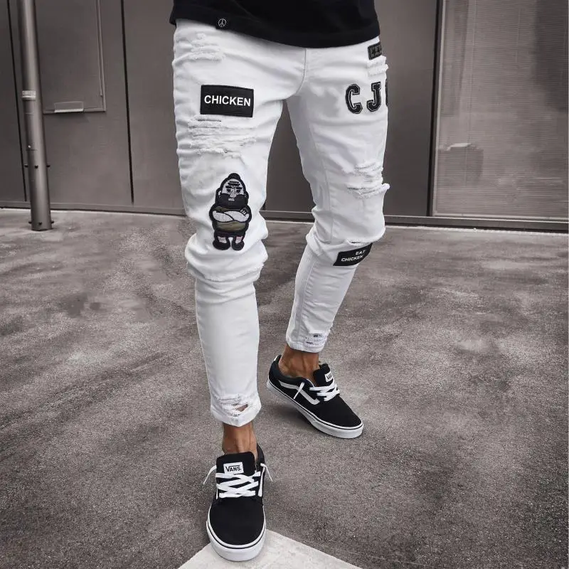 

Explosive men's hip-hop high-end stretch slim trousers Skinny biker embroidered printed jeans ripped leg pants Casual denim