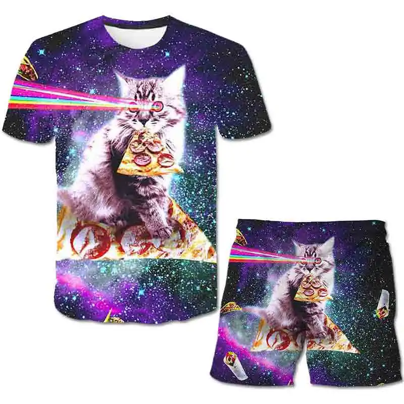 

2021 cat Kids Clothes Boys animal Outfits children Summer polyester Tees 4-14 Years Children Clothing T-shirt + Shorts pants