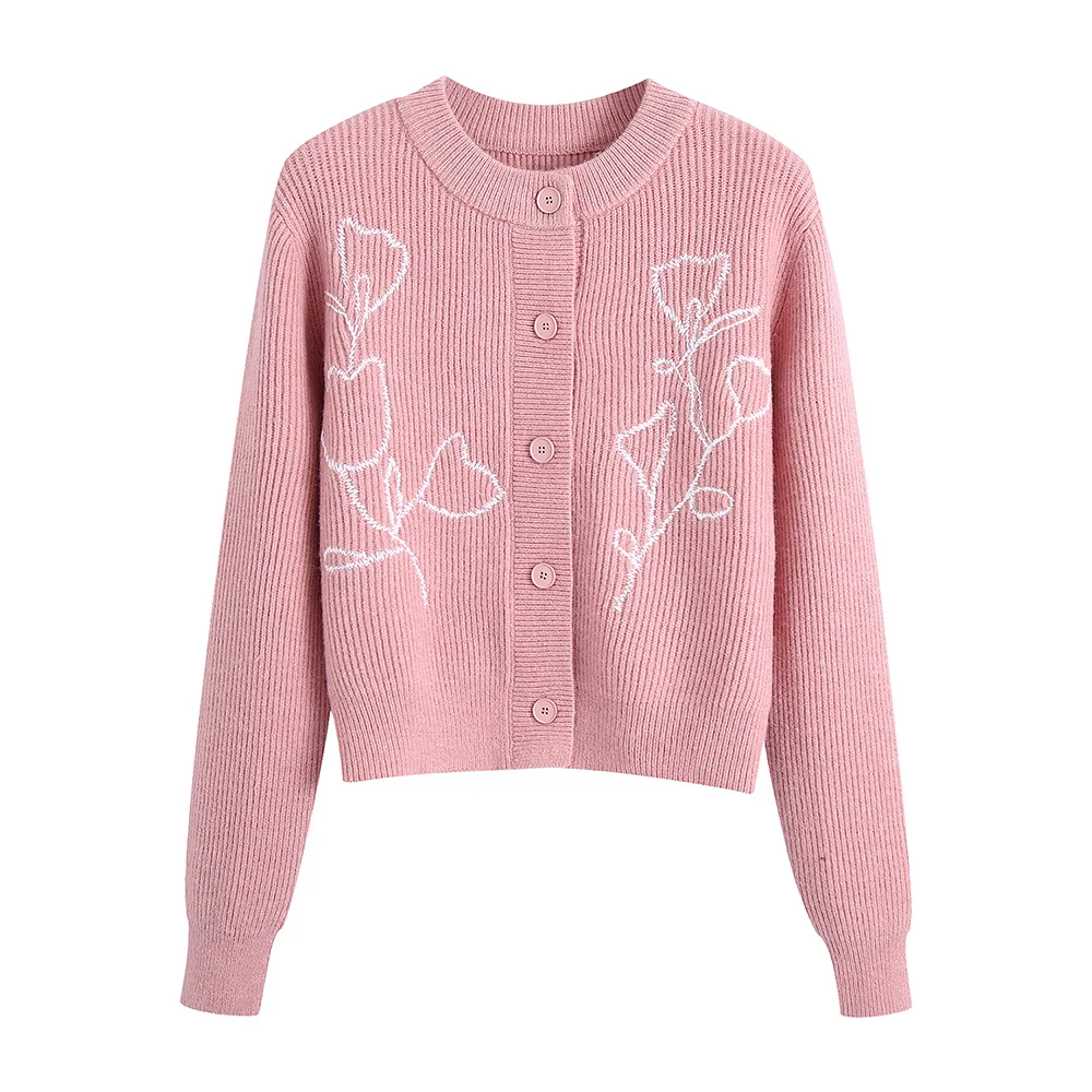 

Cardigans Women Fashion 2021 Floral Embroidery Knitted Cardigan Sweater Crew Neck Long Sleeve Button Up Oversize Casual Sweaters