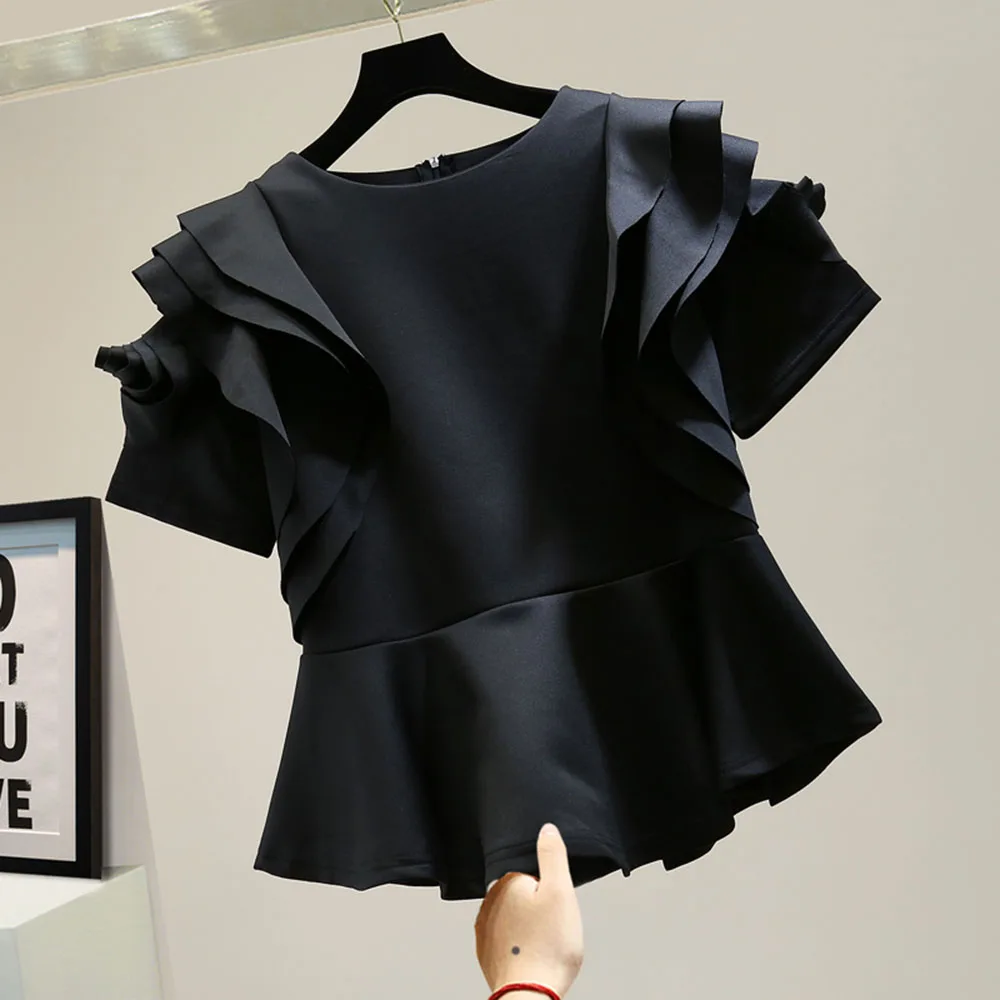 

2021 Women T-shirt Fashion Spring And Summer New Korean Style Flower Ruffled Round Neck Short-sleeved Female Slim Casual Tops