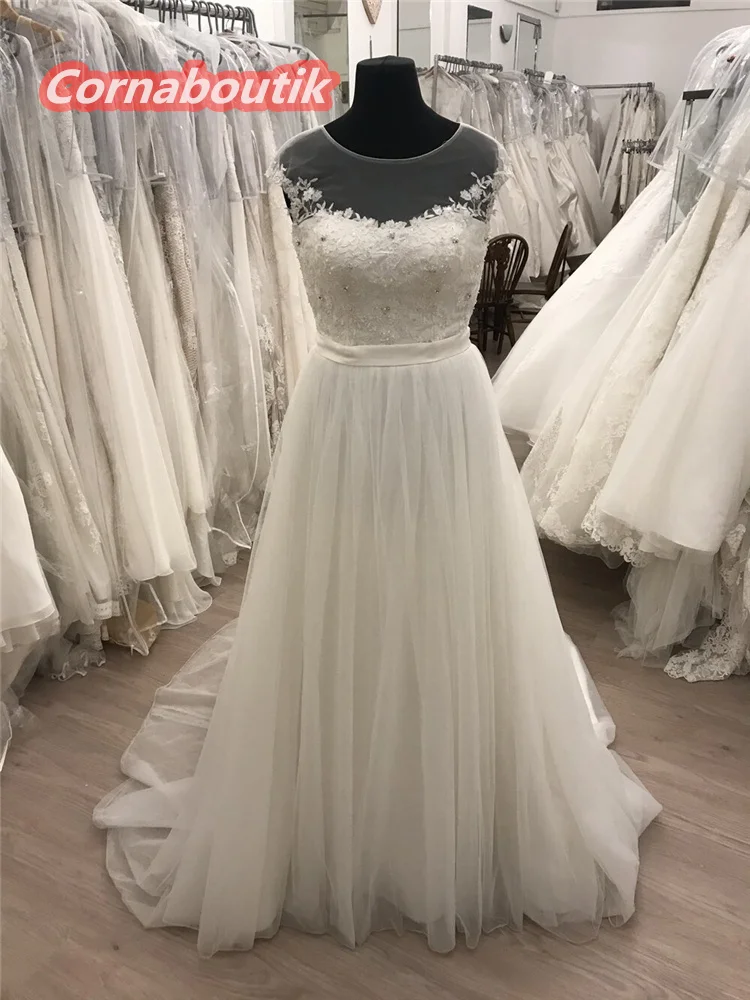 

A Line Vestido De Noiva Princesa Soft Tulle Lace Illusion Neckline Appliques Beading Wedding Dress Bridal Gowns Plus Size