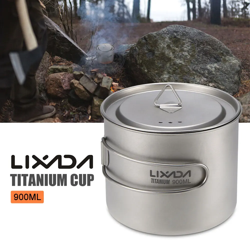 Cup 900ml Lixada 900 мл/1600 мл титановая чашка Ультралегкая портативная чашка с крышкой и складной ручкой для походов и походов - Цвет: Cup 900ml