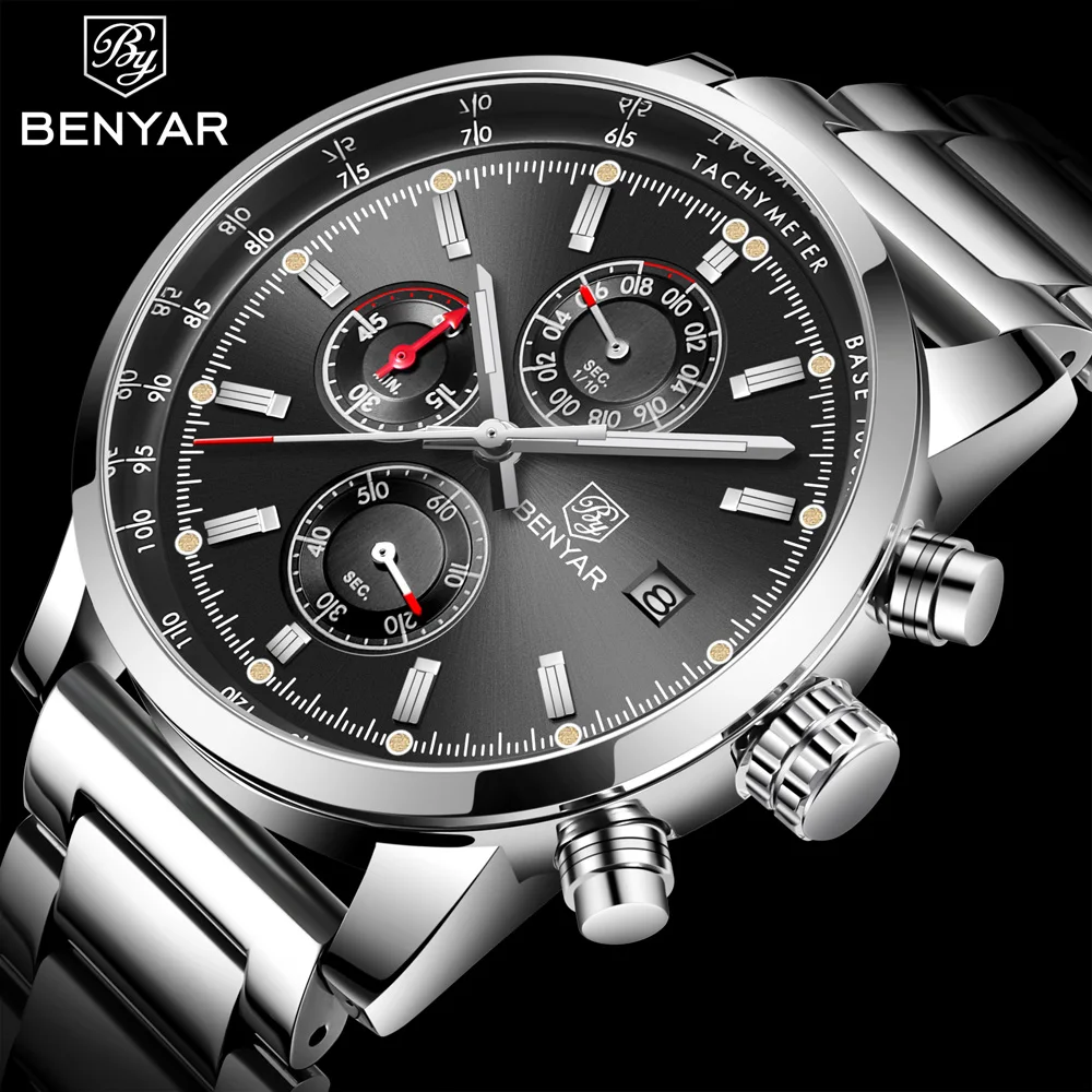 

BENYAR Brand Fashion Chronograph Sport Watches Reloj Hombre Stainless Steel Strap Quartz Military Watch Clock Relogio Masculino