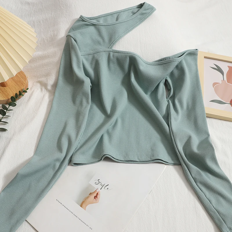 

off shoulder halter neck casual short slim-fit top t-shirt women autumn sexy solid color slim long-sleeved T-shirt womens top