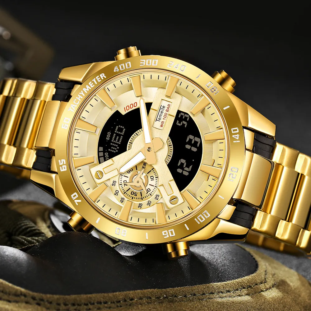 TEMEITE мужские часы лучший бренд класса люкс золотые мужской светодиодный двойной