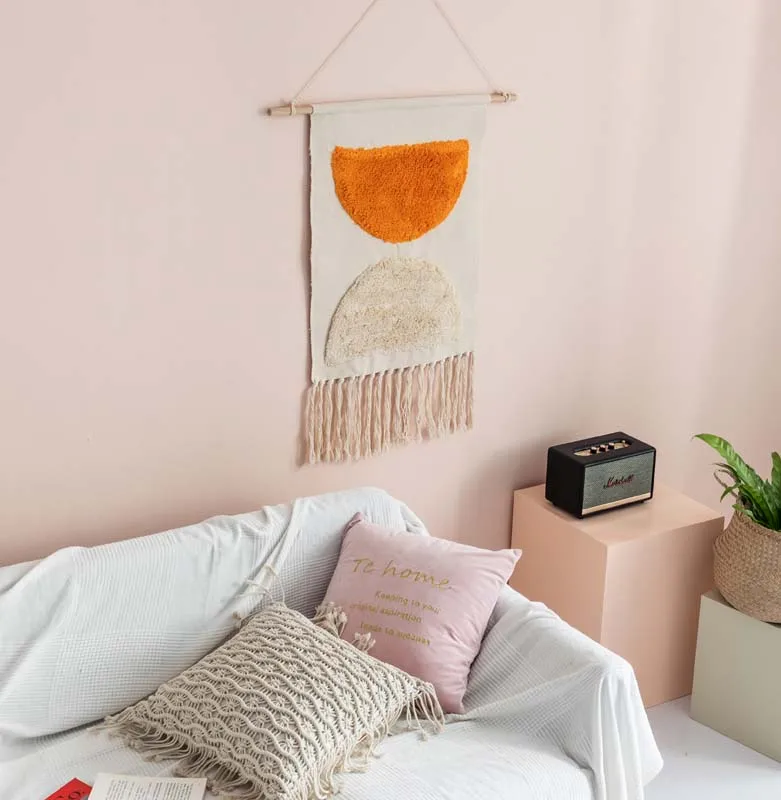 Tapiz de macram&eacute; de algod&oacute;n y lino con estampado de borlas, tejido a mano, bohemio, decoraci&oacute;n de pared, accesorios de decoraci&oacute;n para habitaciones, 98x50cm-5