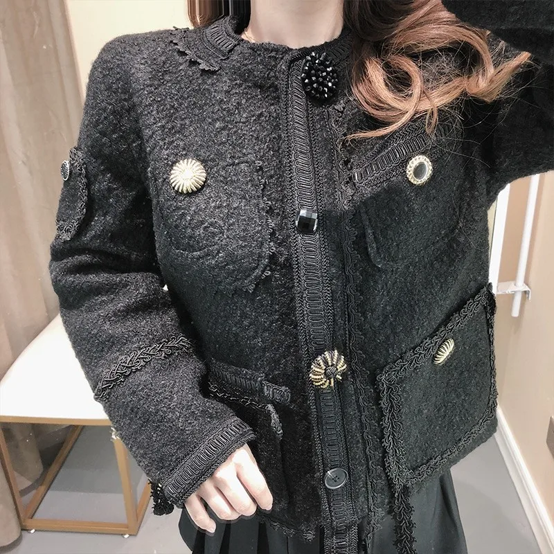 

High Quality Design New Autumn Winter Womens Tweed Jackets Long Sleeve O-Neck Chic Single Breasted Lace Embroidery Female Coats