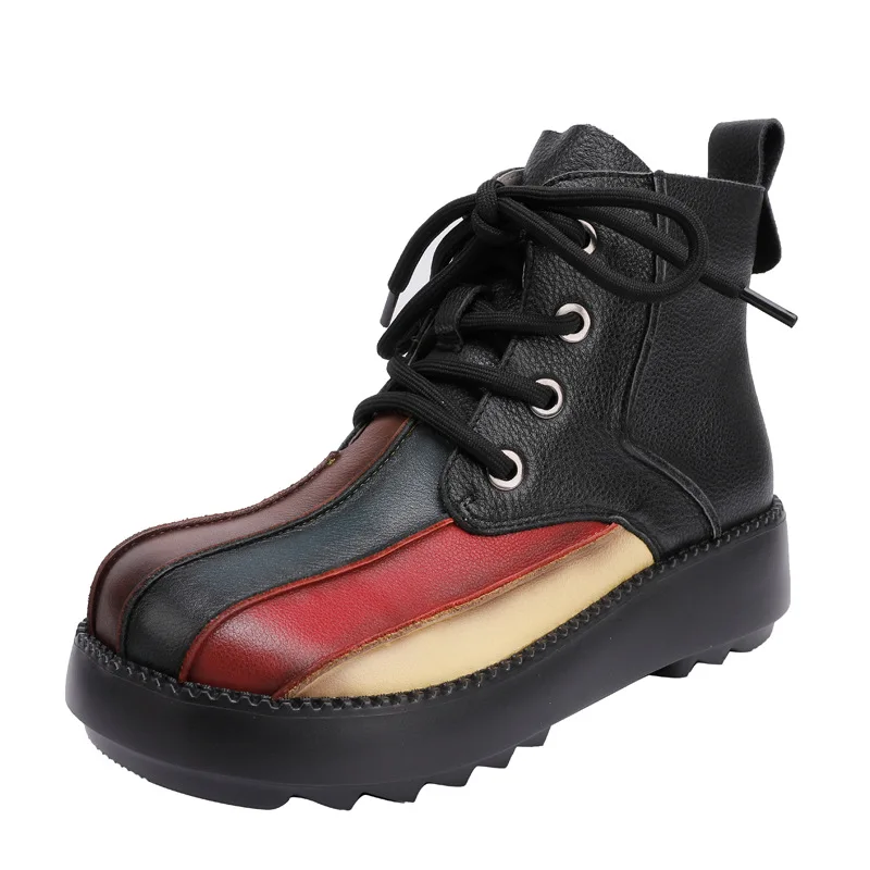 

2021autumn and winter new leather thick-soled wedges with color matching round toe retro lace-up ladies high-quality short boots