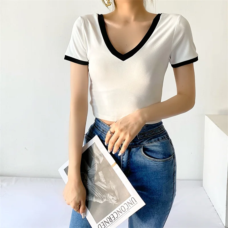 

Summer new street solid color stitching V-neck short-sleeved T-shirt women's cotton tight-fitting short-sleeved T-shirt women