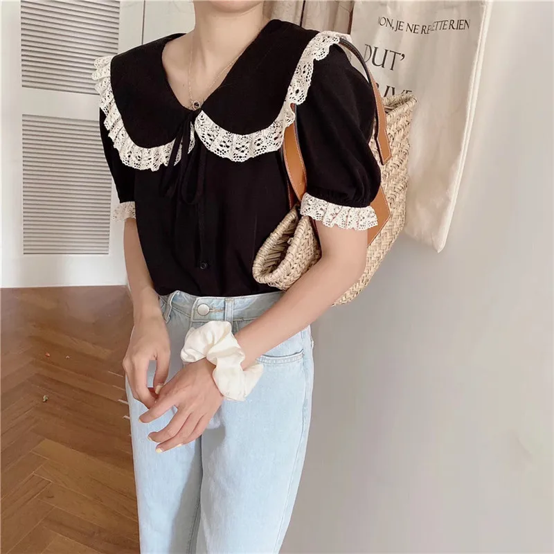 

HziriP Sweet Elegant Doll Collar Lace Edge All-Match Blouses Summer Puff Sleeves New 2020 Ladies Fashion Short-Sleeved Shirt