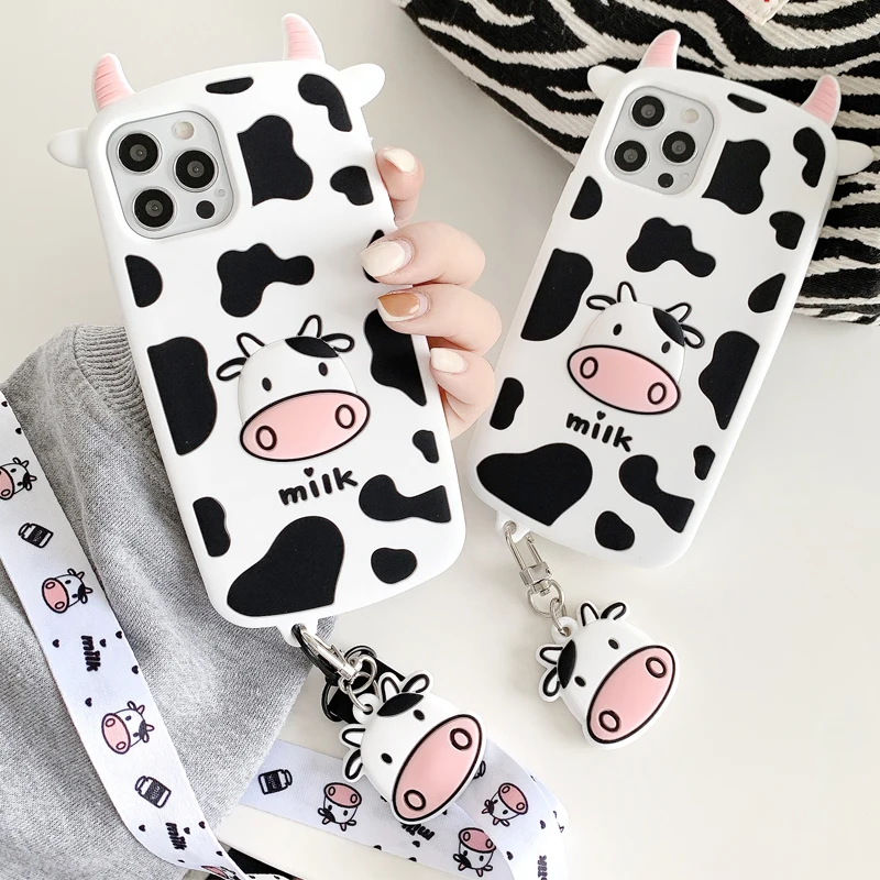 

3D Cute Cartoon Milk Cow Case for IPhone 12 Mini 11 Pro XS Max XR X SE 2020 Cattle Calf Soft Silicone Lanyard Hanging Rope Cover