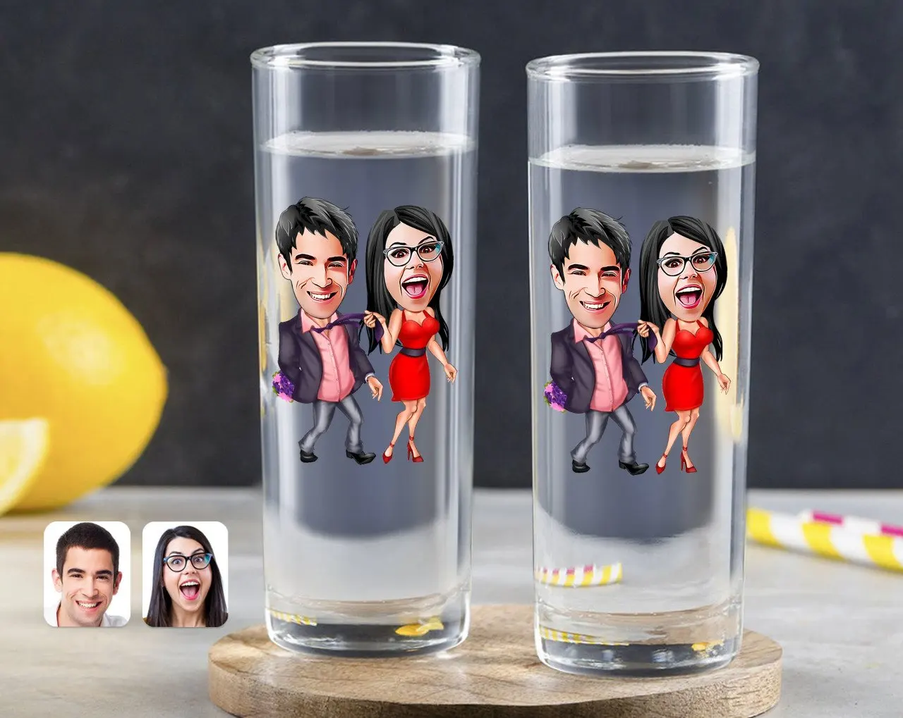

Personalized Colorful Printed Valentine Caricature Of Dual Vodka Bardağı-4