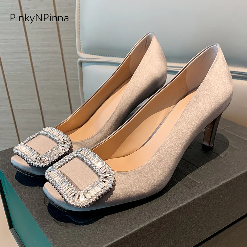 

Spring summer luxury shining crystal women satin high heels pumps stiletto party office dress shoes leather insole plus size