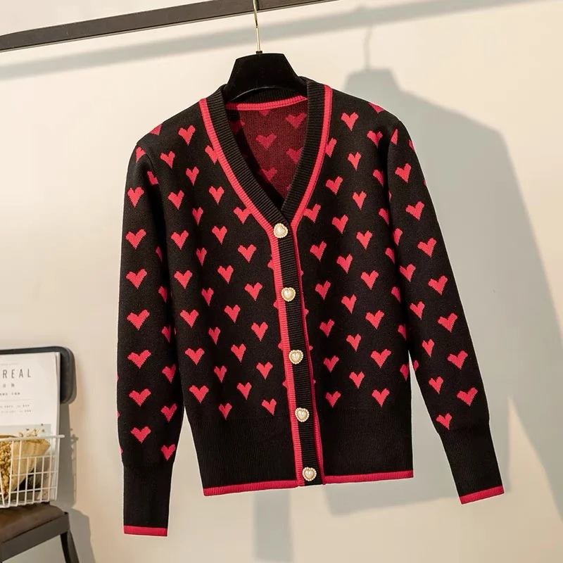 

Preppy Style Pink Heart Knit Cardigans Intarsia Sweater Women V Neck Loose Elegaht Thicken Pull Femme Casual Knitwear Tops