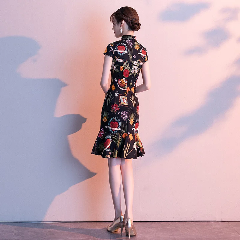 

Black Sweet Flower Print Novelty Cheongsam Female Exquisite Chinese Qipao Sexy Slim Short Elegant Mermaid Dress XS-3XL